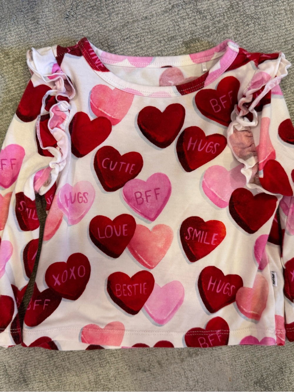 Little Sleepies Pink & Red Heart Print Ruffle Long Sleeve Tee size 6-12 months